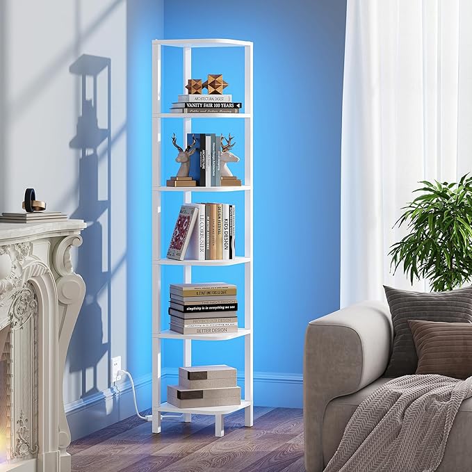 TUTOTAK Corner Shelf with LED Light, 6-Tier Corner Bookshelf