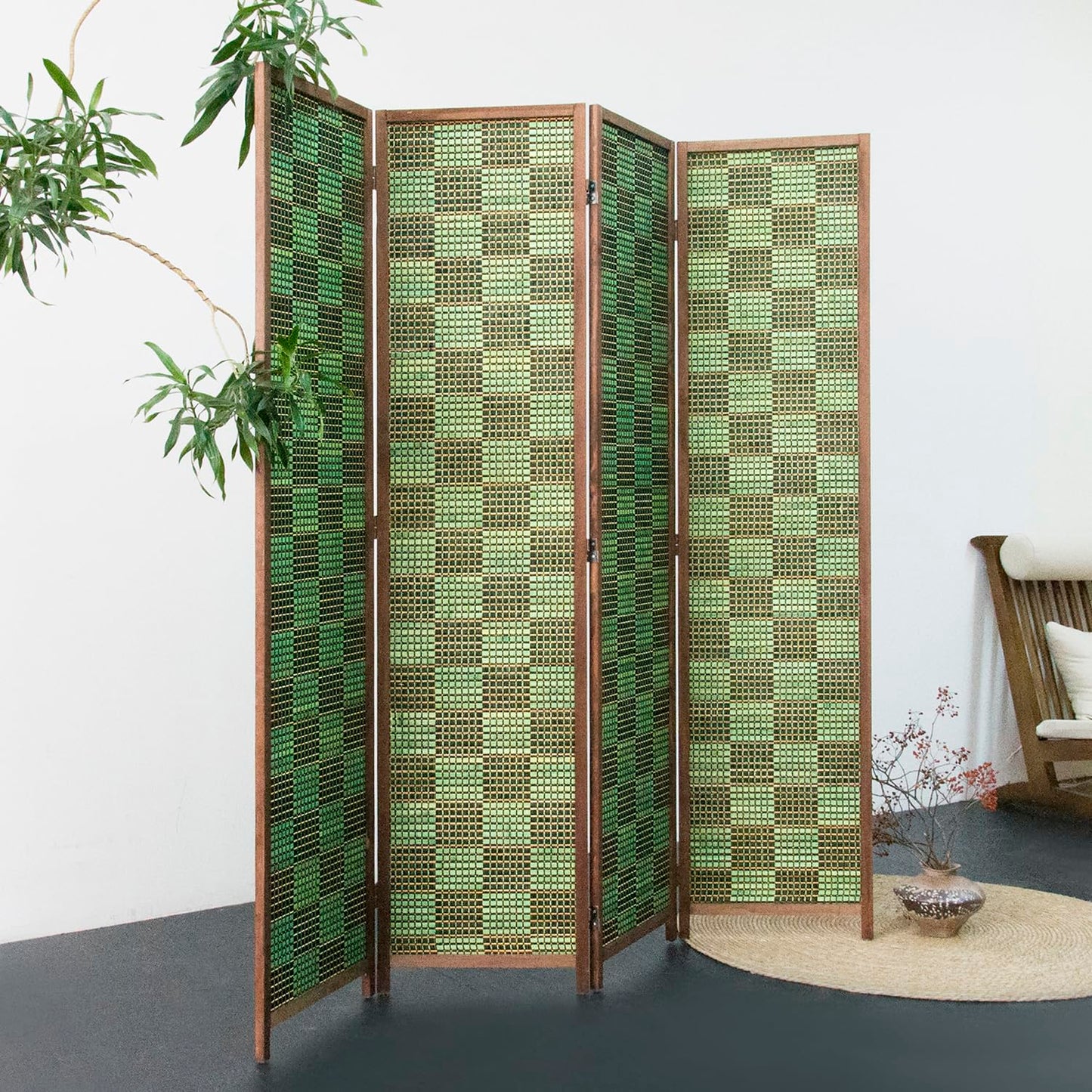 Furnnylane 4 Panel Room Divider Screen and Folding Panel Screen,Double Sided Bamboo Divider for Room Separation,Emerald Square,67" H x 63" W