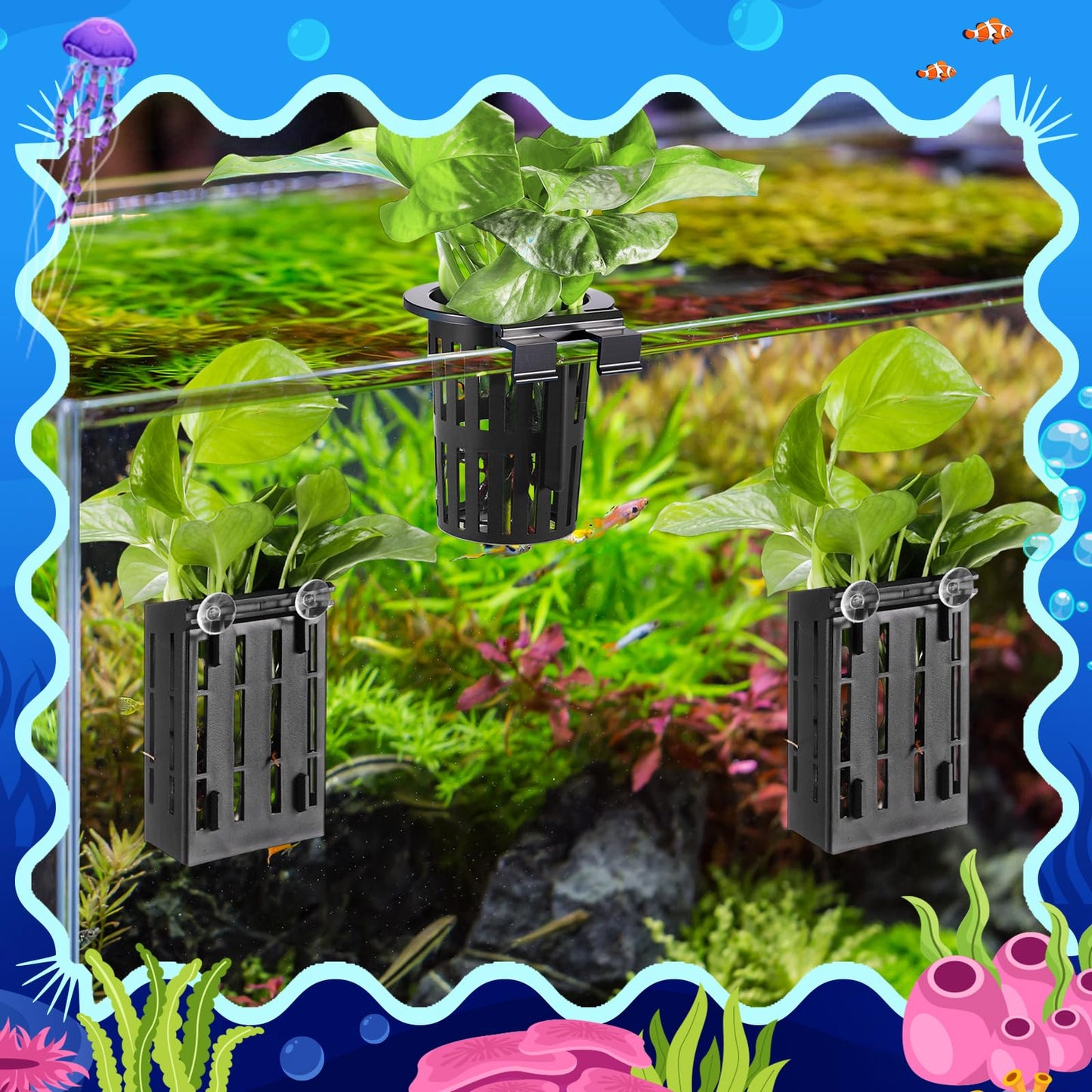 Chunful 6 Set Upgraded Large Aquarium Plant Holder Contain 6 Hanging Aquatic Pot with 36 Hooks and 12 Aquatic Planter Suction Cups for Fish Tank Aquarium Cultivation and Aquascape Decorations