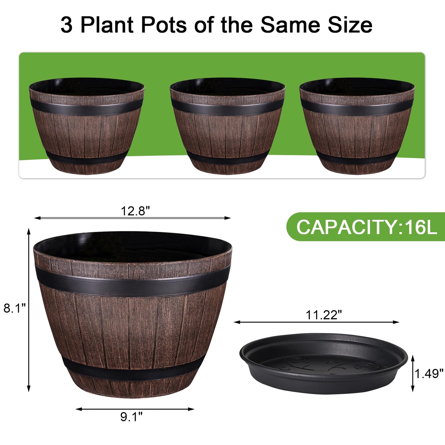 VECELO Plant Pots with Drainage Holes & Saucer, 13 Inch Flower Pots with Tray, 3 Pack Plastic Whiskey Barrel Planters for Indoor & Outdoor Garden Home Plants and Flowers