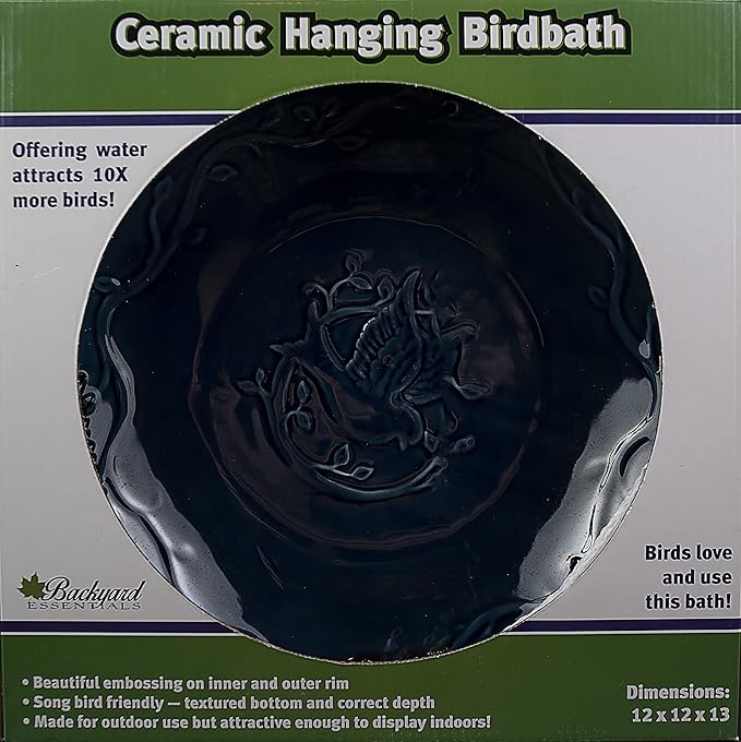 Blue Ceramic Bird Bath Bowl - Hanging Bird Baths for Outdoors - 12-Inch Glazed Ceramic Bowl with Embossed Bluebird & Flower Design - Metal Chain & Hook