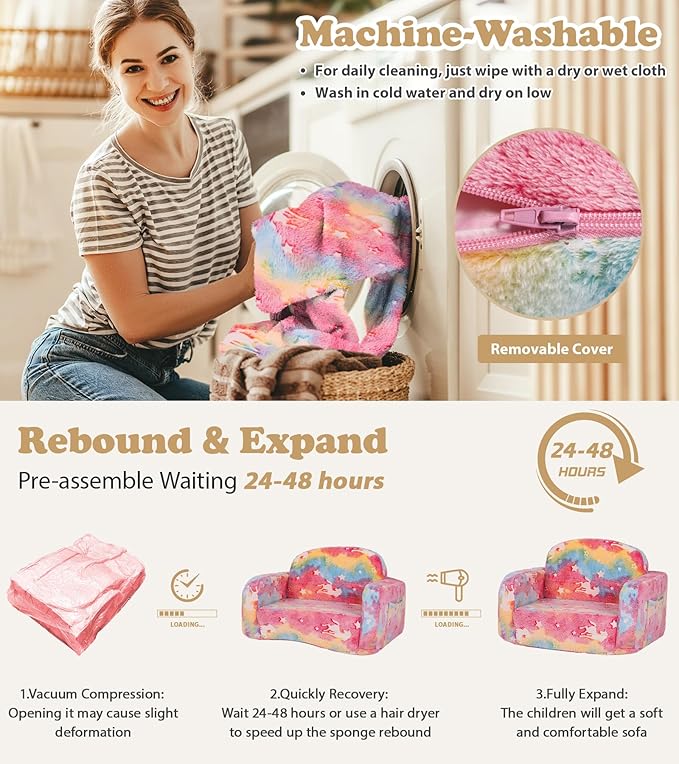 Kids Couch, 2-in-1 Soft Toddler Couch Fold Out