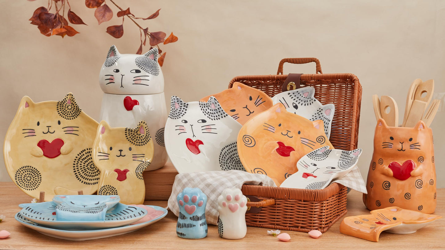 Bico Cartoon Cat Handpainted Stoneware Air Tight White 10.2 inch Cookie Jar, Dishwasher Safe, for storing Cookie, Candy, Coffee