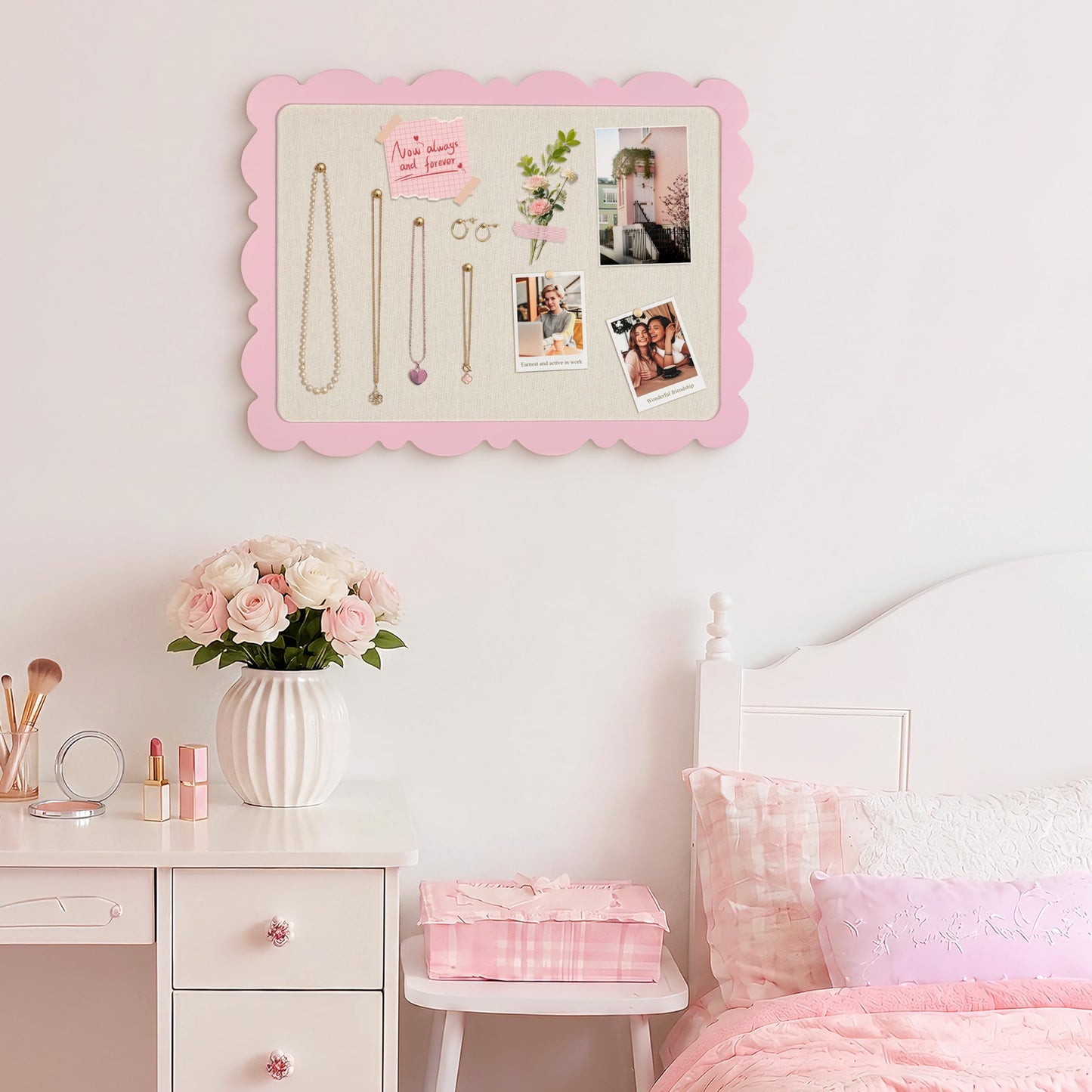 Marribol Scalloped Pin Board with Linen,18’’x24’’,Pink Pine Frame Bulletin Board for Office Home School Girls Dorm Decor, with 10 Cards,10 Pins