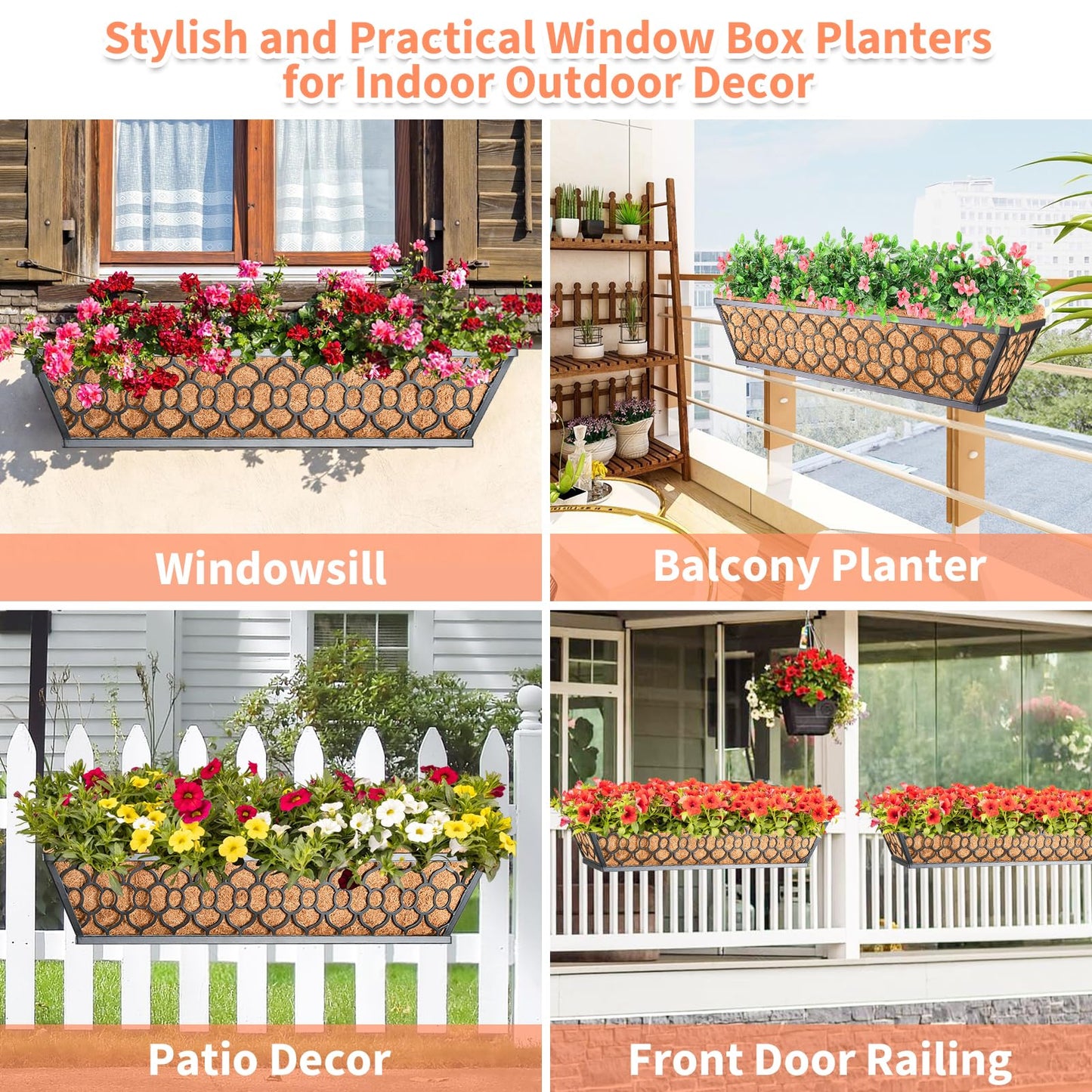 Riare 4 Pack 24 Inch Window Boxes Planters with Coco Liner, Metal Deck Railing Planter Boxes, Balcony Planters Railing Hanging, Horse Trough Window Flower Planter Boxes for Outdoor Porch Fence Patio
