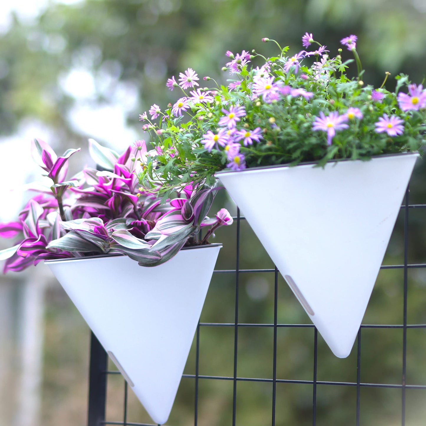LaLaGreen Bundle - 12" x 2 Pack Black + 12" x 2 Pack White Large Self Watering Geometric Hanging Flower Vase Vessel with Metal Hanger, Modern Stylish Wall Mounted Succulent Pot Holder Decor
