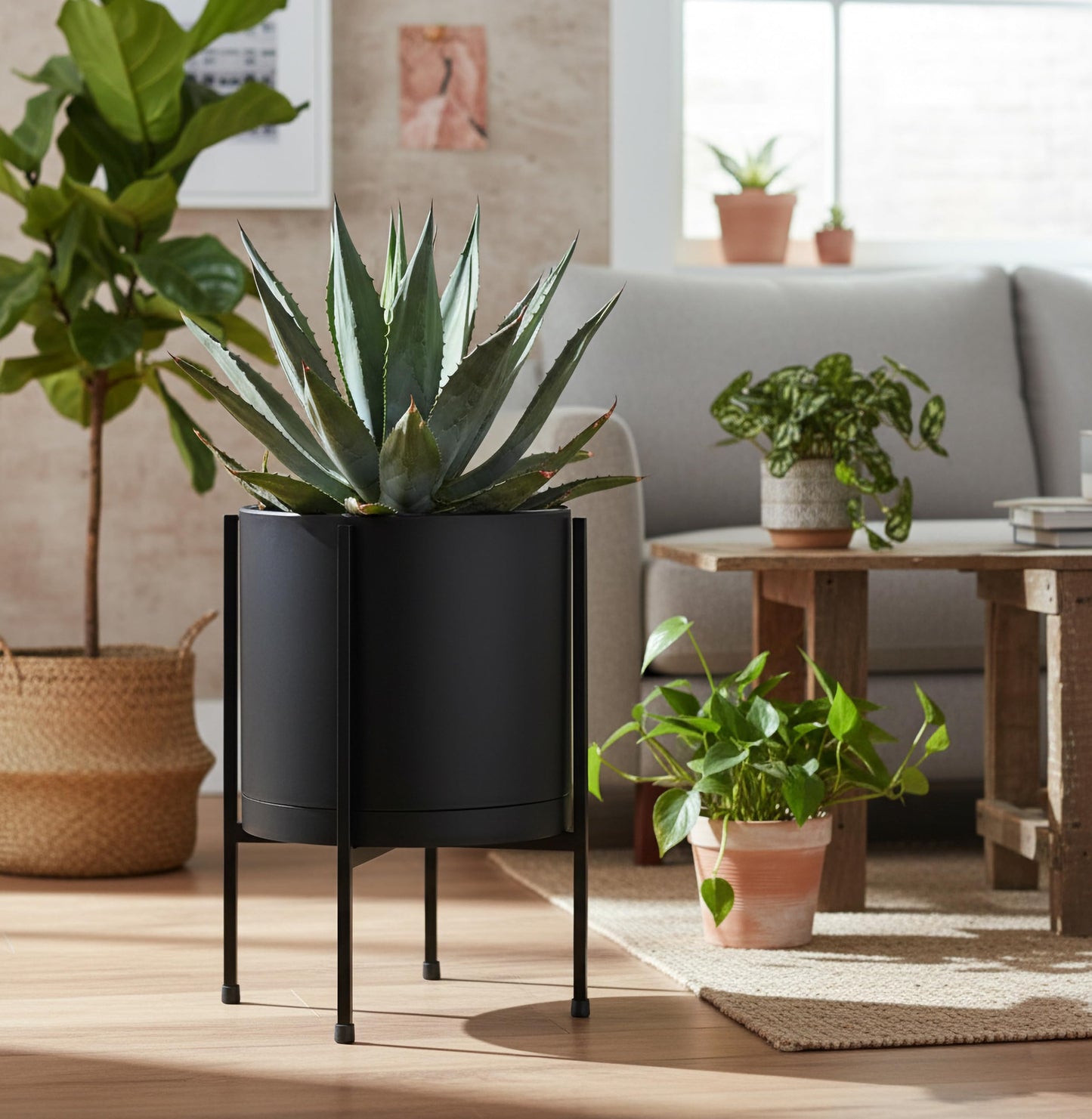 D'vine Dev 10 Inch Black Planter Pot with Stand – Modern Plastic Cylinder Flower Pot with Heavy-Duty Metal Stand for Indoor Plants, 55-D-B-2