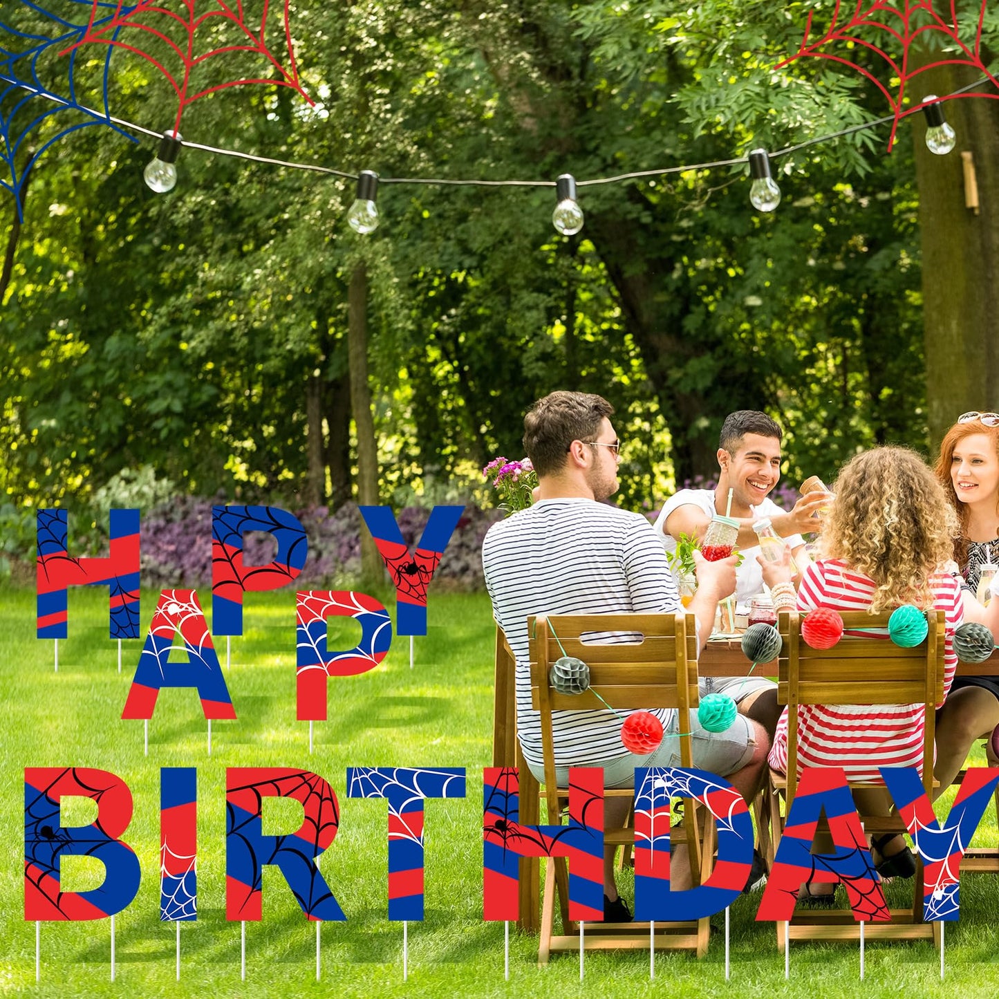 Threehoney 13 Pcs Spider Happy Birthday Yard Sign with Stakes, 16" Super Happy Birthday Letter Lawn Signs, Outdoors Birthday Decorations Hero Birthday Theme Party Supplies for Outdoor Yard Lawn