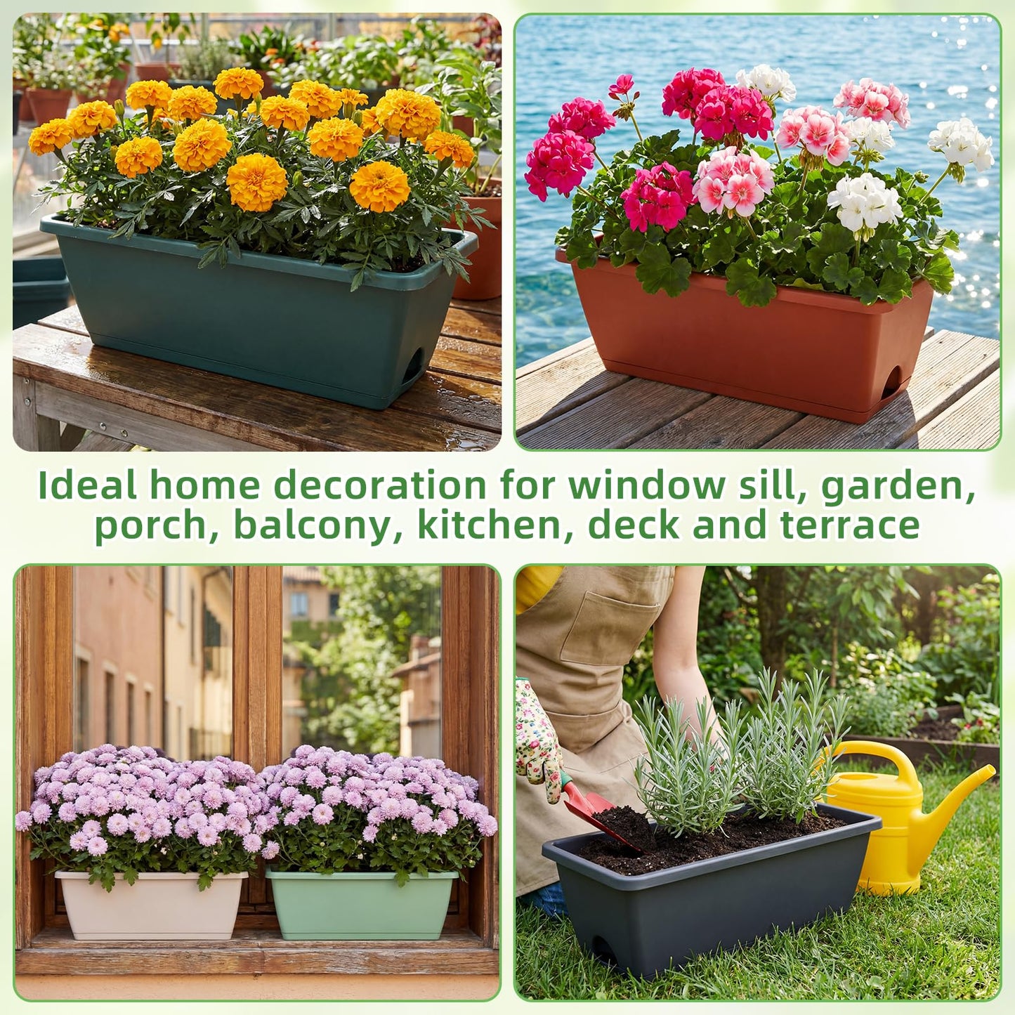 Purpeak 12 Pack Window Box Planter 17 Inches Rectangular Vegetable Flower Planters with Drainage Holes and Saucers Plastic Flower Pots Coloful Herb Planter for Indoor Outdoor Patio Garden Home Decor