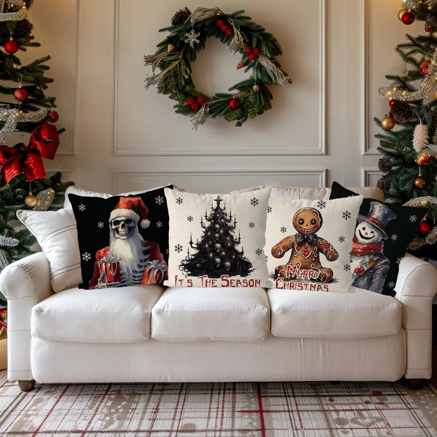 QIONG MENG Christmas Pillow Covers 18x18 Inch Set of 4 Gothic Skull Snowman Pillowcase Halloween Xmas Black and White Throw Pillow Covers Home Sofa Living Room Decorative Cushion Case