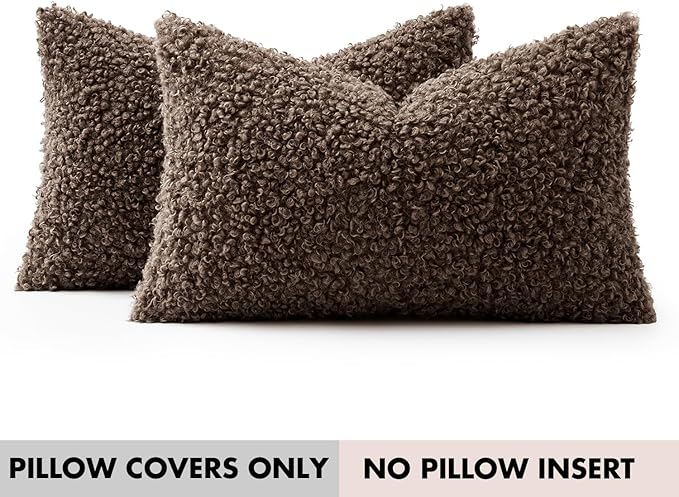 Faux Fur Throw Pillow Covers 20x12 Inch Set of 2 Boucle Neutral Decorative