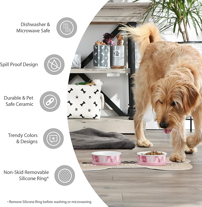 Bone Dry Ceramic Food Bowls, Non-Slip & Dishwasher Safe, Large Set, 7.5x2.4 Desert Sage Check