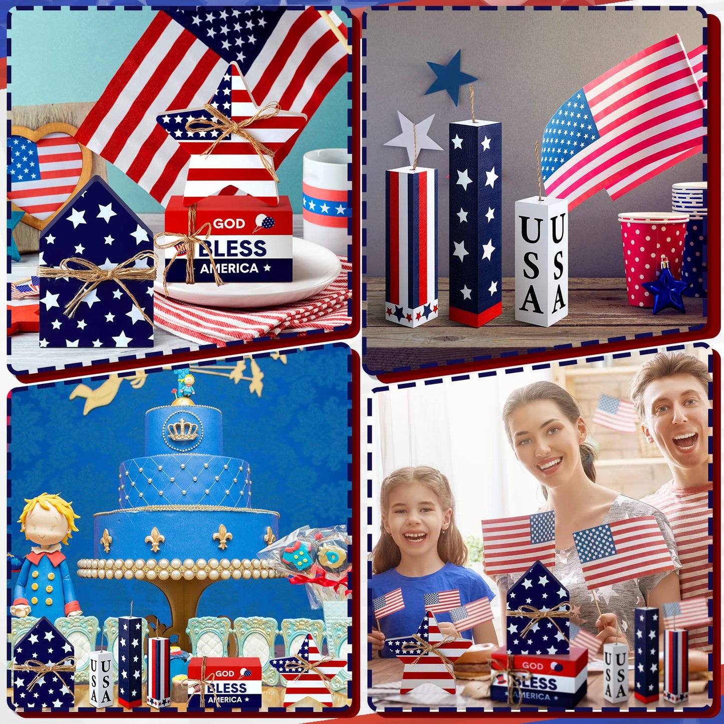 Kigley 8 Pcs 4th of July Table Decorations Wooden Patriotic Decorations 4th of July Tiered Tray Decor Set Faux Book Stack Firework Centerpieces Independence Day Tabletop for 250th Anniversary Home