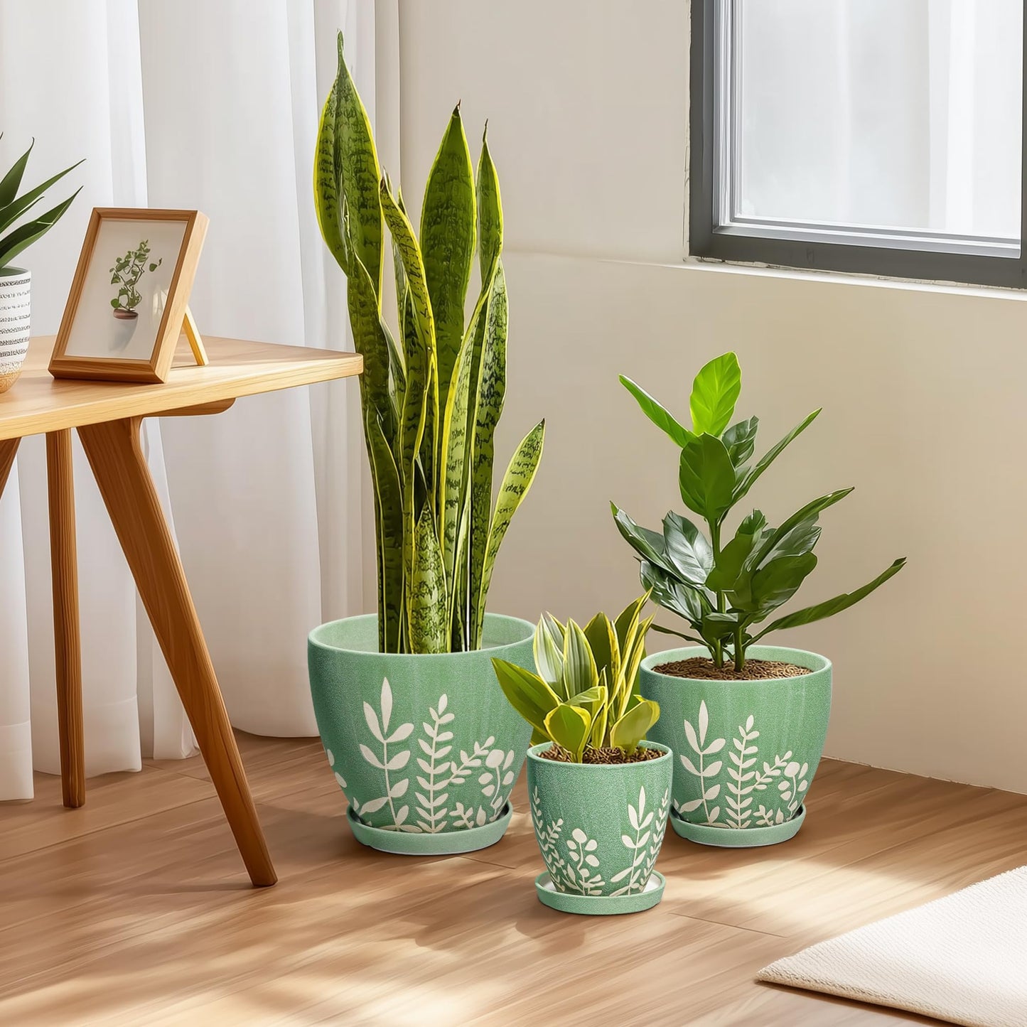 EPFamily 8 Inch Indoor Plant Pot with Drainage and Saucer - Ceramic Planter for Indoor Outdoor Plants, Decorative Flower Pot, Desk Home Office Garden Decor, Plant Lovers Gifts, Green