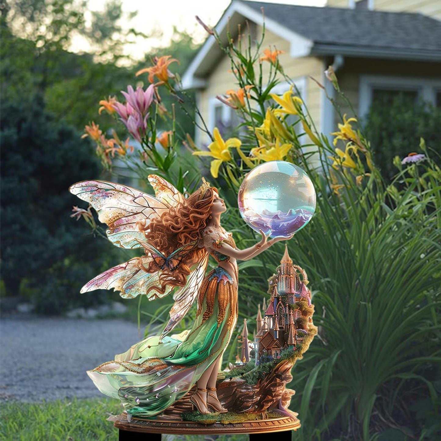 ANNUOZE Fairy Garden Stake Decor, 2D Flat Acrylic Fairy Garden Decor Panel, Elf Yard Sign for Outdoor Indoor Yard Lawn Plants Pots, Fairy Garden Accessories (Fairy with Crystal Ball)