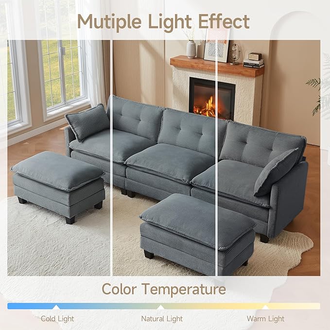 Amsleekey Modular Sectional Sofa, 111.5" U-Shaped Corduroy Comfy Sectional