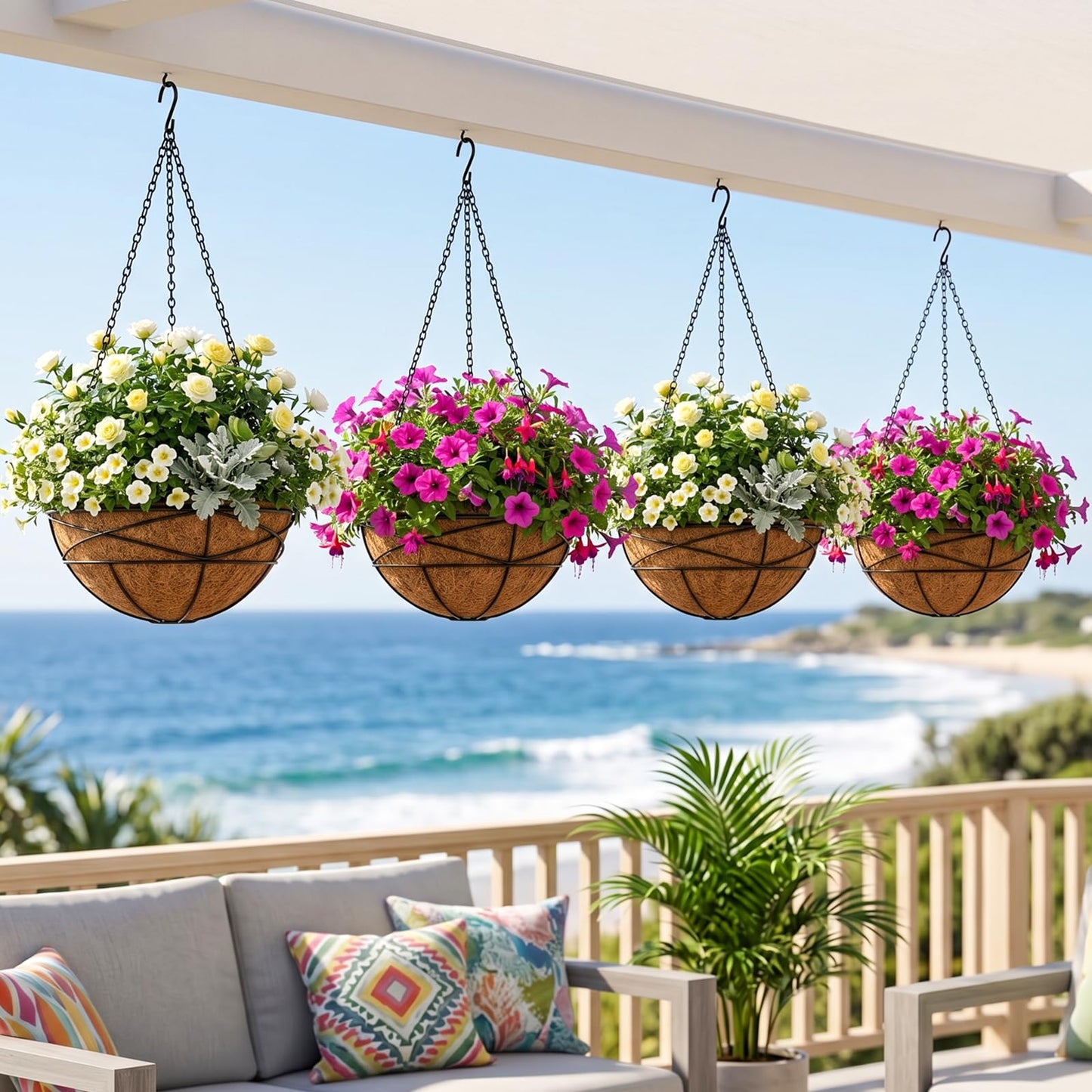 Karlliu 4 Pack 12 Inch Hanging Planters for Outdoor Plants Metal Watering Flower Baskets with Coco Liner for Outside Panting Plant Holder Pot for Home Garden Porch Balcony Railings Decor