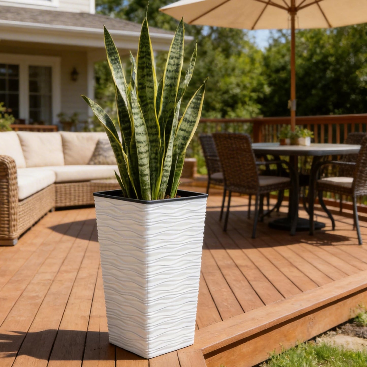Worth 2 Pack 22" Tall Plastic Square Tapered Planter with Inside Pots for Indoor or Outdoor Use, Modern Wavy Finish for Front Porch or Deck, White
