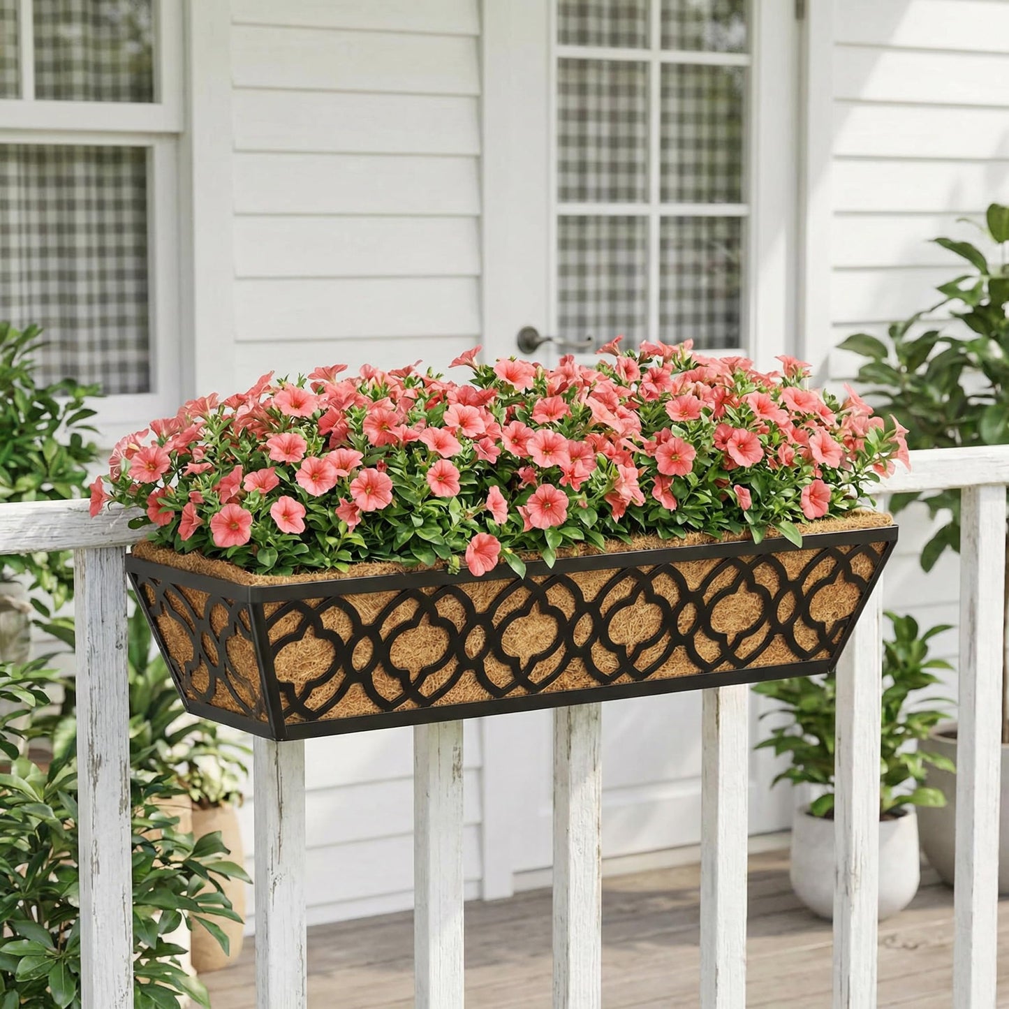 Y&M 4pcs 24 Inch Window Deck with Coconut Coir Liner, 24" Railing Planter Horse Trough Coco Basket Boxes Metal Hanging Flower Balcony for Outdoor Garden Fence Lawn
