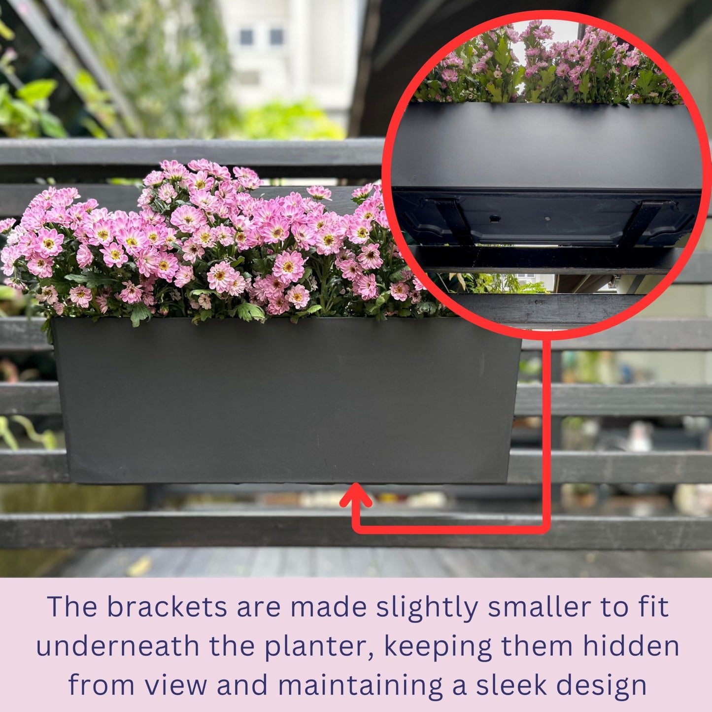 LaLaGreen Deck Railing Planter Boxes (14 Inch, 4 Pack) Self-Watering Window Box Planters with Brackets, Rectangular Hanging Flower Pots for Balcony Fence, Herb Garden Outdoor Black Plastic Planters