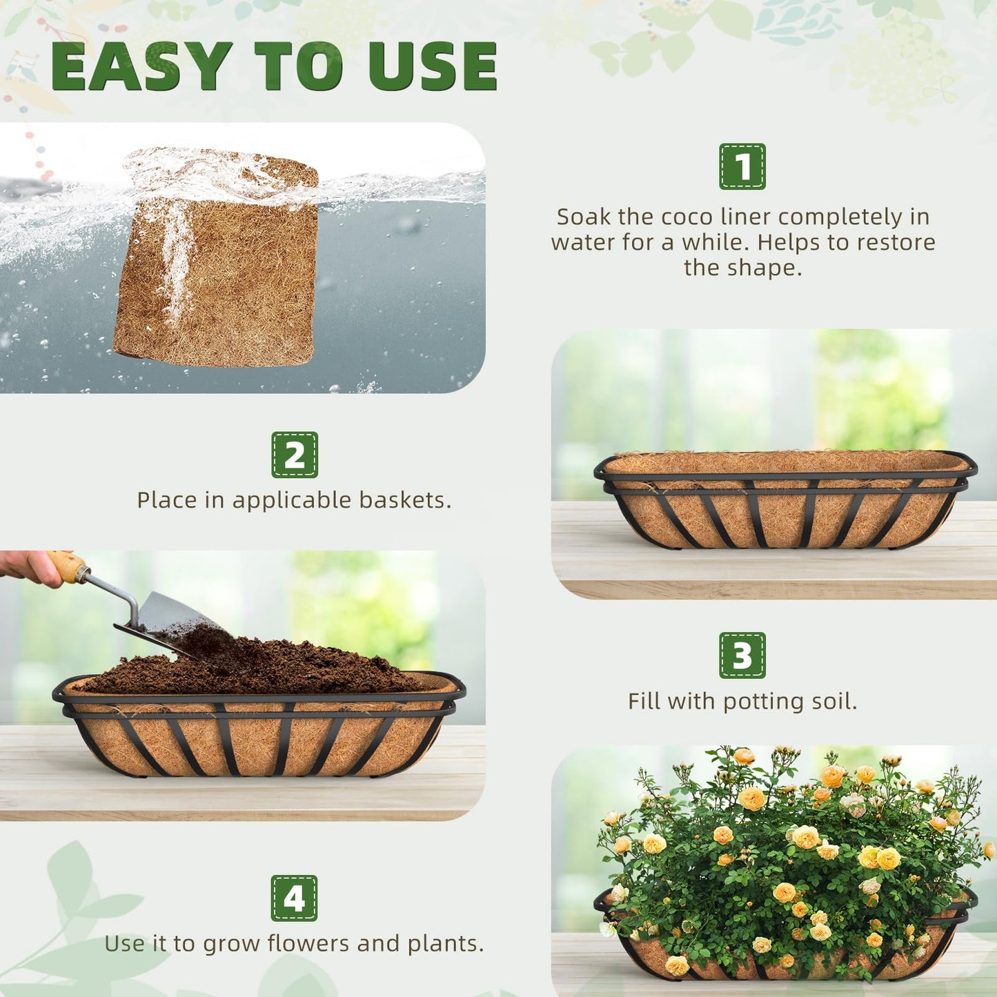 30 inch Coco Liners Trough 3 Pack for Window Boxes Planters, Coconut Husk for Railing Hanging Deck Fence Plant Flower Basket, Coco Fiber for Outdoor&Indoor
