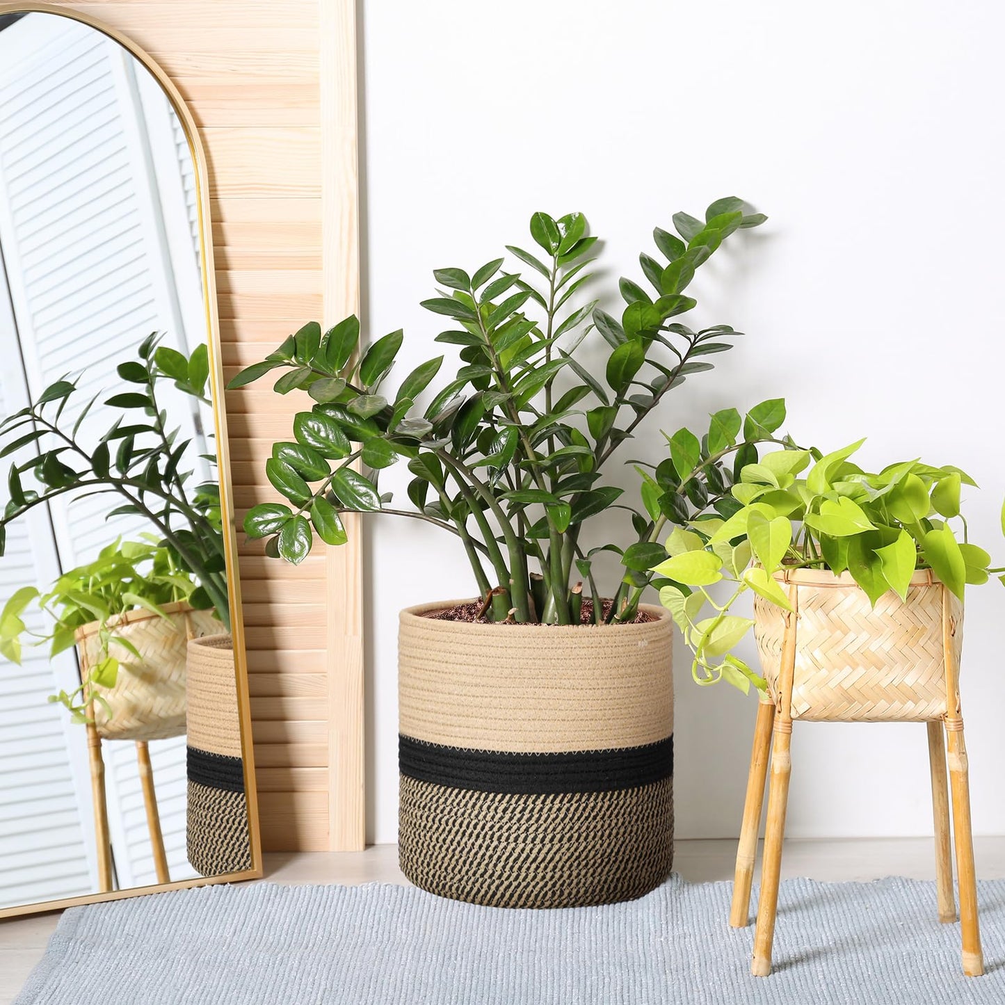 Sunnychicc Plant Basket with Stand Indoor Planter Pot Holder Sturdy Jute Rope Modern Woven Basket, Cotton Rope Woven Pot with Bamboo Stand(10 Inch,Black and Beige Stripes)