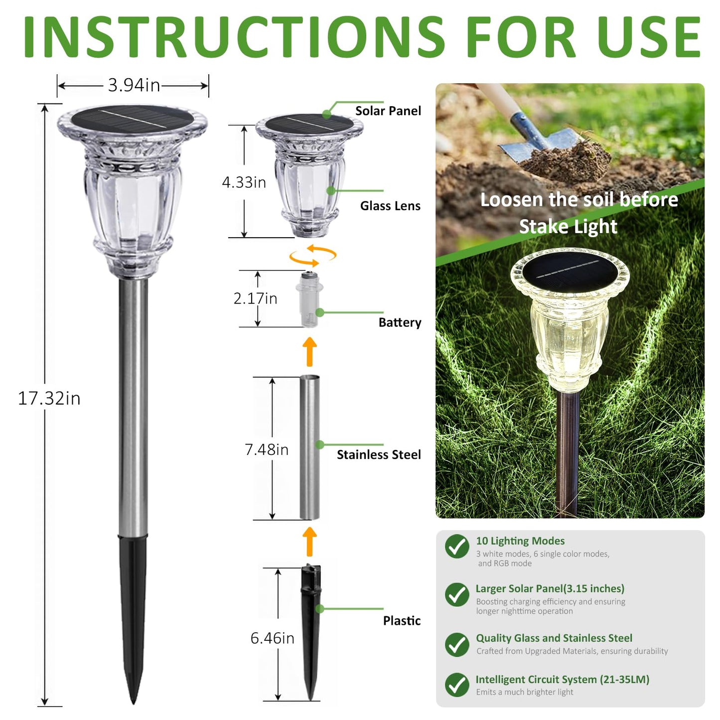 Solar Pathway Lights Outdoor 2 Pack, 10 Modes RGB Color Changing & White Solar Garden Lights, 17.5" IP65 Waterproof Glass Stainless Steel Solar Powered Landscape Lights for Yard Walkway Driveway Patio