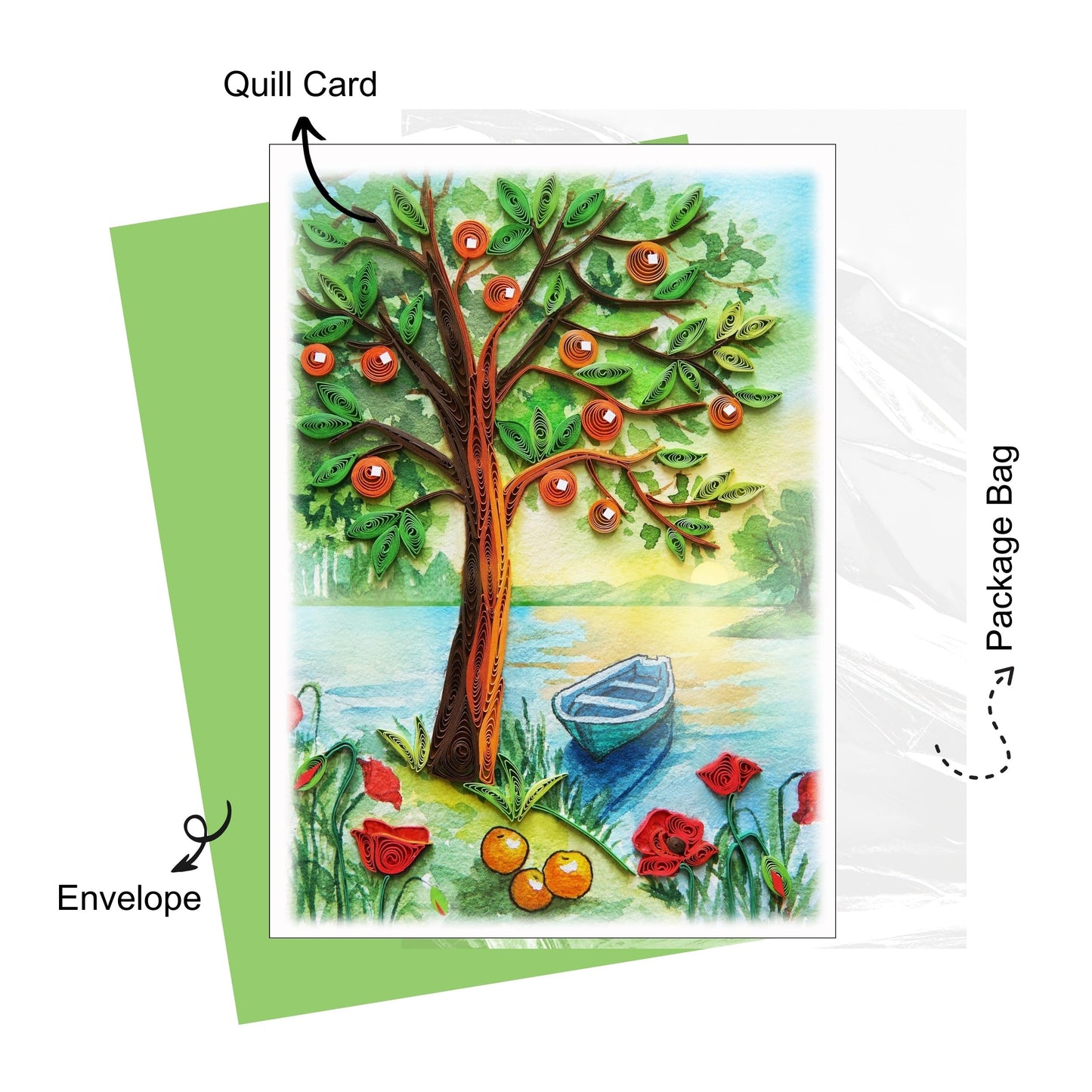 QUILLCRAFT Seasonal Greeting Card, Summer Viber Holiday Love Card, Quilled Quilling for Summer, Father Day, Mother Day, Birthday, Him Her Friend Mom Dad Boss (Green)
