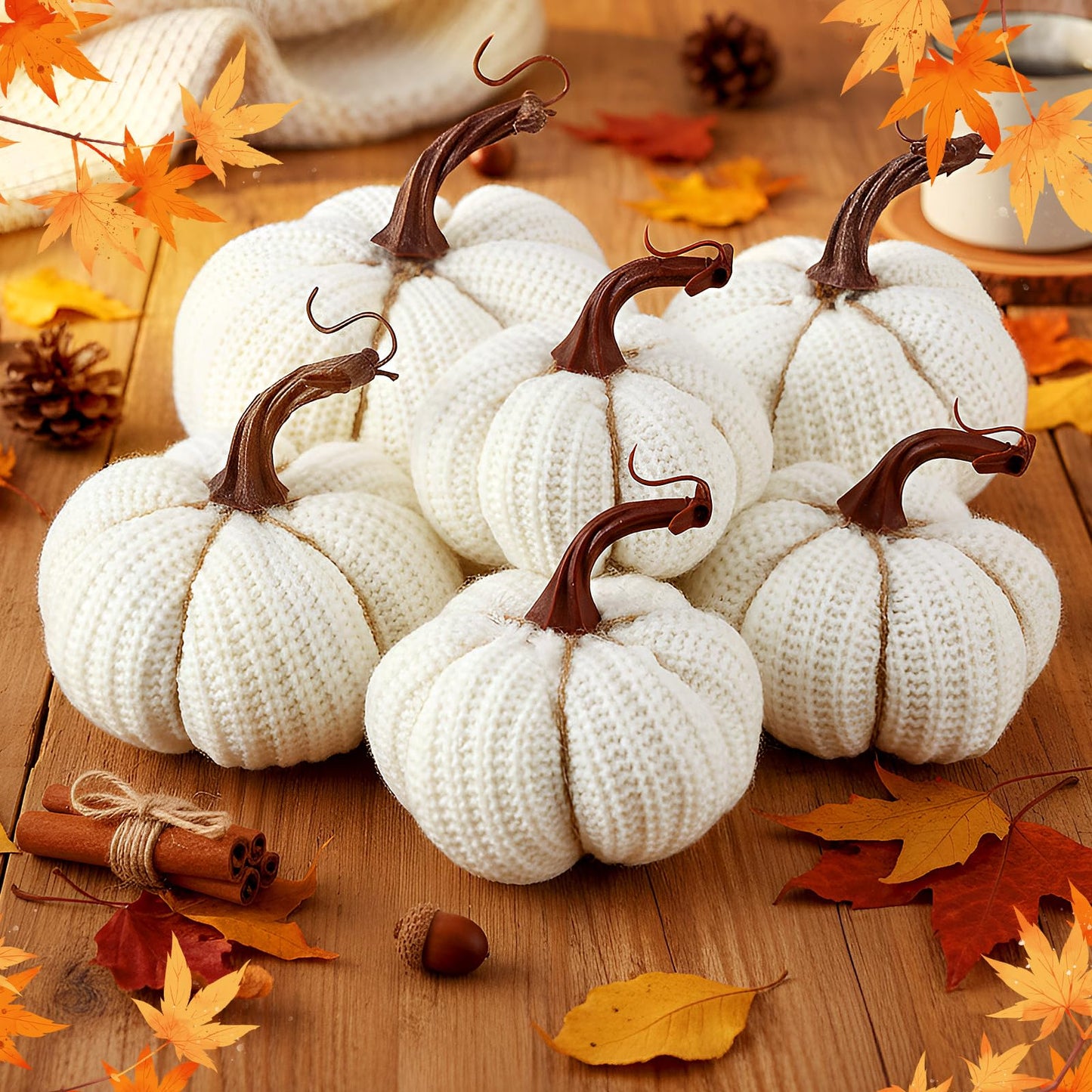 HunnmingRe 6 Pcs Thanksgiving Decor White Crochet Pumpkins Large 6 Inch Faux Fall Pumpkin Decor for Thanksgiving Farmhouse Autumn Rustic Mantel Table