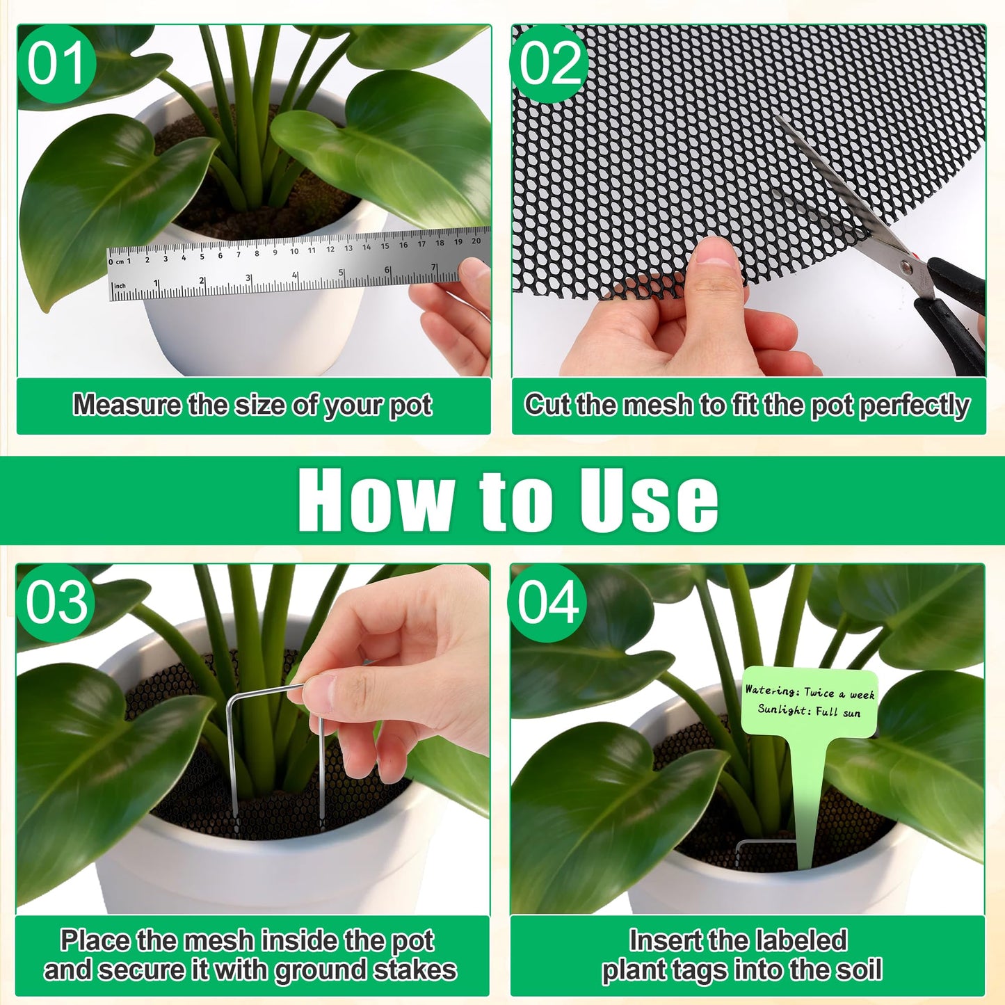 Pletpet 4 Pcs 15.7 Inch Plant Pot Soil Covers Protectors, Pot Grids for Plants Protection with 1 Marker Pen, 1 Scissors, 4 Plant Labels and 8 U-Shaped Garden Stakes