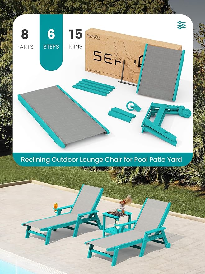 SERWALL Textilene Patio Chaise Lounge Chair Set of 2, 5 Positions Outdoor
