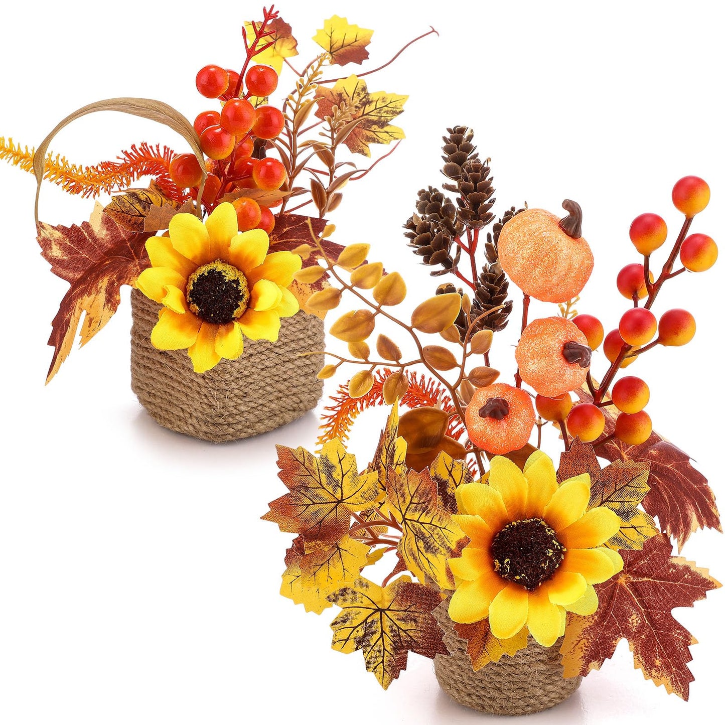 Suncalla 2 Pcs Thanksgiving Fall Table Decorations Centerpiece for Table Maple Leaf Fall Decor for Home Artificial Flower Pumpkin with Rattan Flower Basket for Indoor Thanksgiving Gifts(Vivid Style)