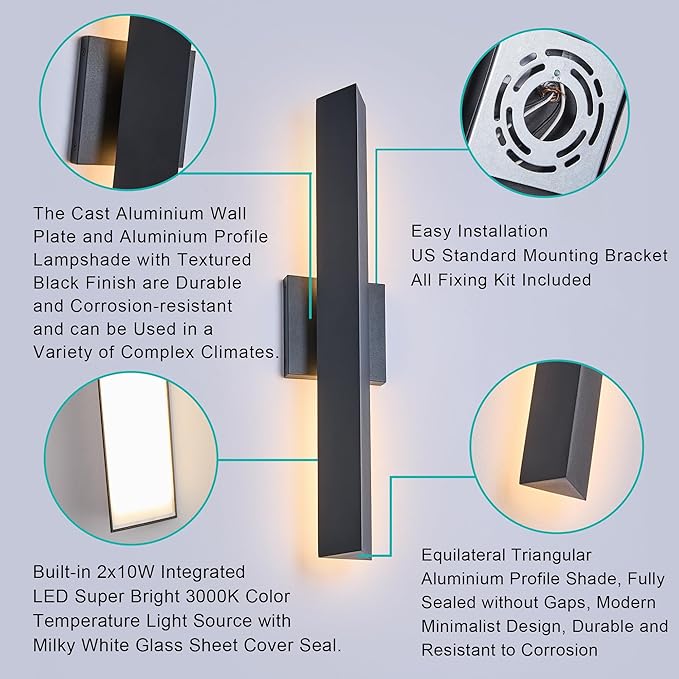 Modern Outdoor Porch Light Patio Lamp in 20W 3000K Integrated LED with Aluminum Triangle & Frosted Glass, IP65 Waterproof Wall Sconce,2 Pack(Textured Black),Can Installed in Any Direction.