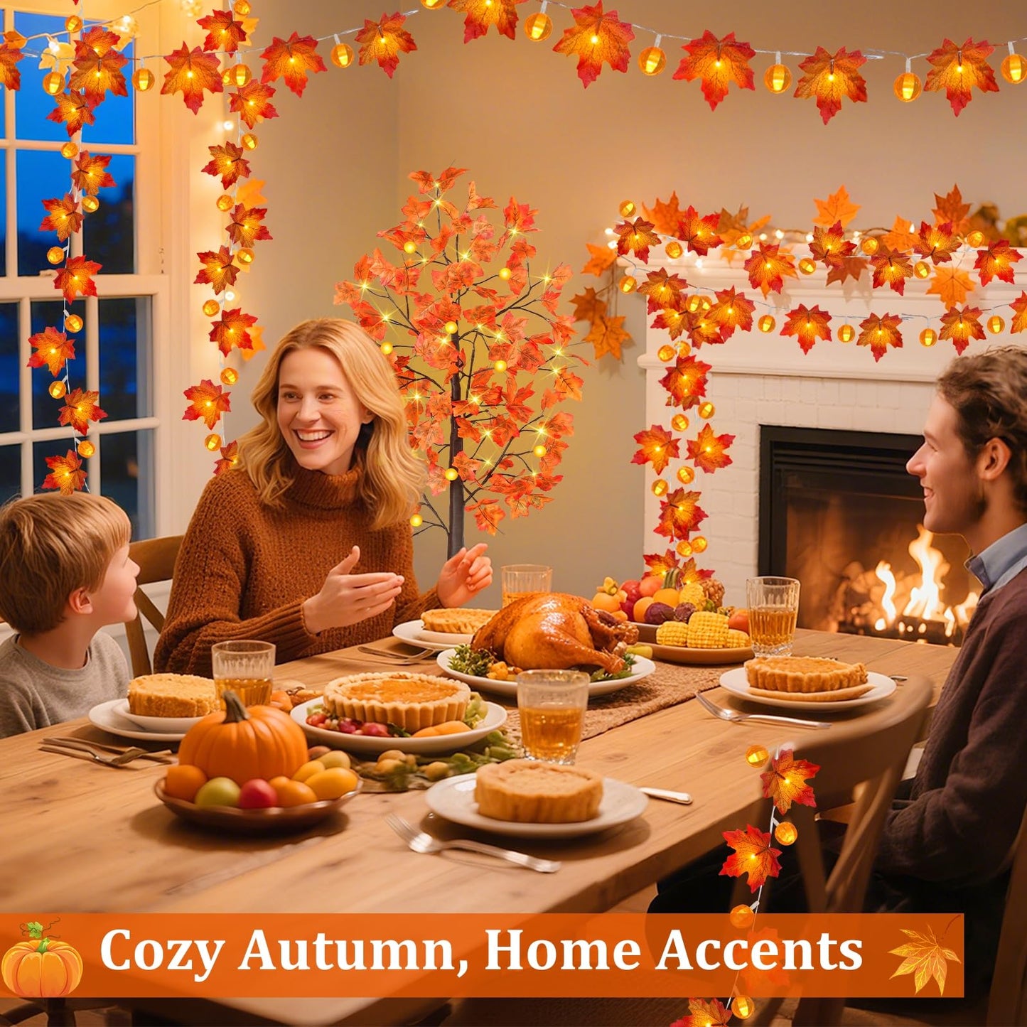 3 Pack Fall Decor Fall Garland with Pumpkin Lights&Enlarged Maple Fall String Lights Pumpkin Decor, 30Ft 60LED Waterproof Battery Operated Christmas Halloween Thanksgiving Fall Decorations for Home