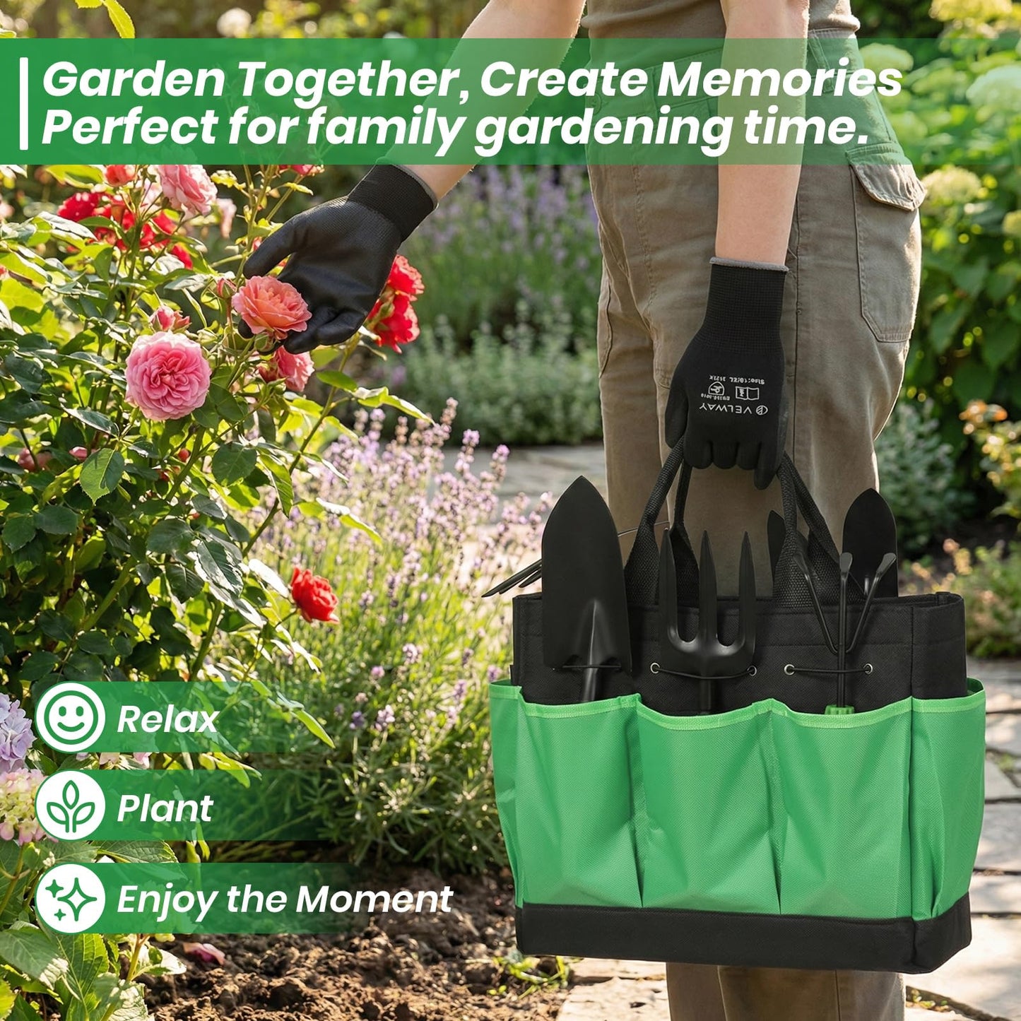 Velway Garden Tools Set -11-Piece Heavy Duty Hand Tool Kit with Ergonomic Handles, Rust-Proof, Carry Tote Bag – Gardening Gifts for Women & Men (Green)