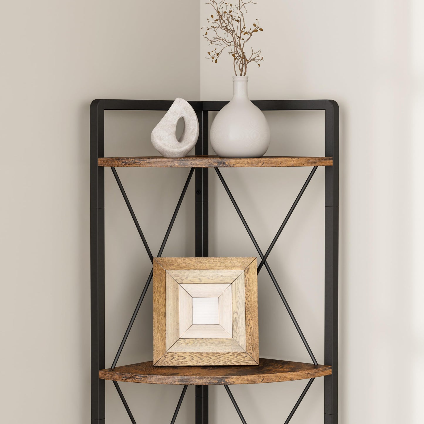 Cerlyunzan 5 Tier Corner Shelf Stand, 64" H Tall Industrial Corner Bookshelf for Living Room Decor, Metal Corner Shelf, Plant Stand Display Shelf for Bedroom, Bathroom, Small Space, Rustic Brown