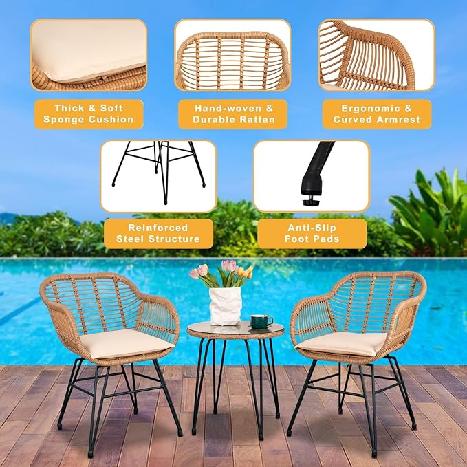 3 Piece Outdoor Wicker Furniture Bistro Set, Rattan Chairs Conversation Sets