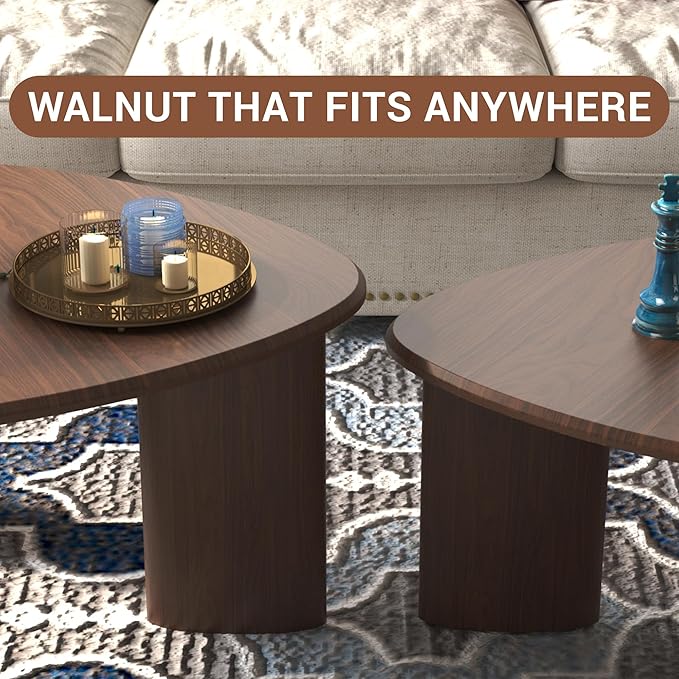 Honyee Nesting Coffee Table Set of 2, Modern Walnut Wood Veneer Coffee Table
