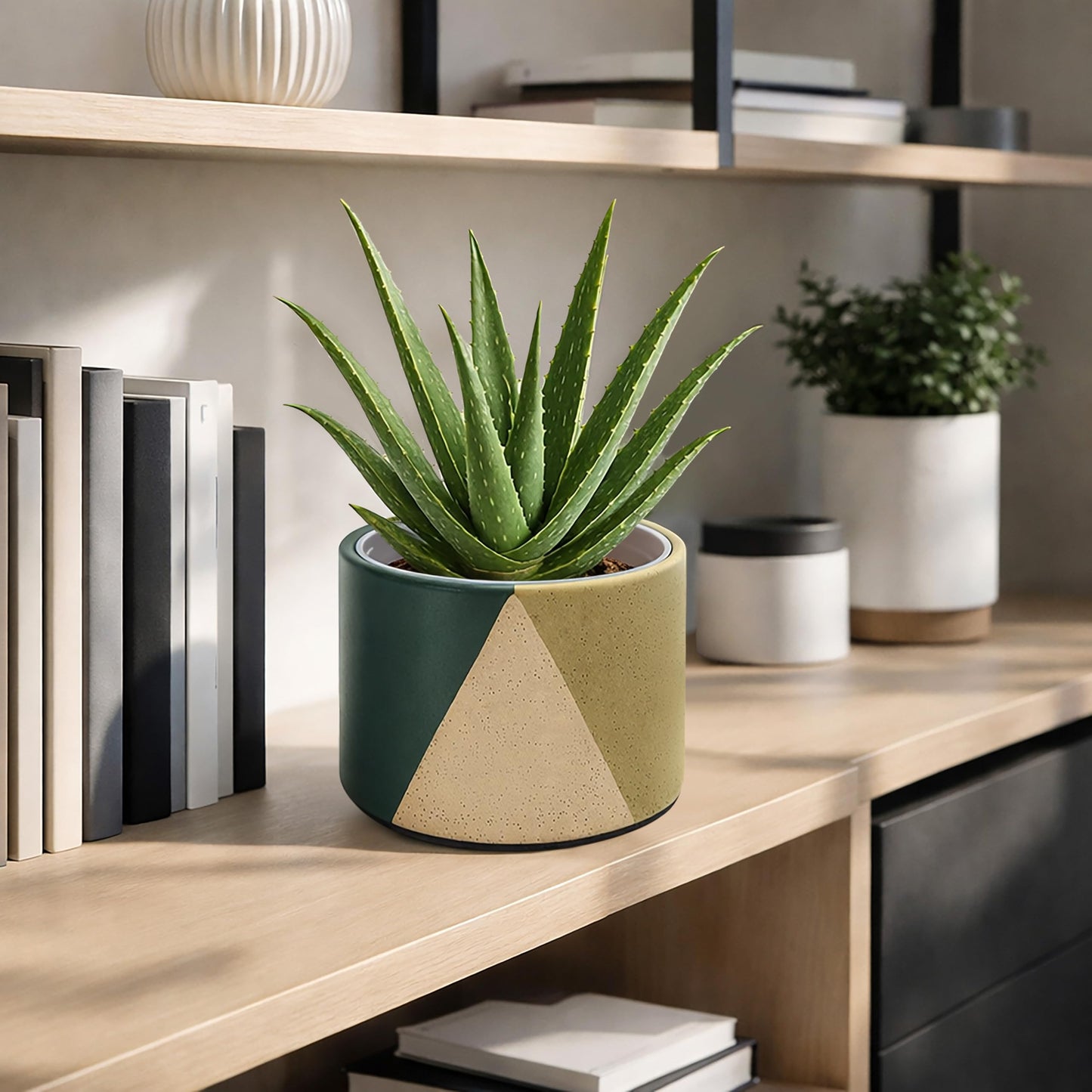 D'vine Dev 6.5" Stoneware Cachepot Planter with 6" Low Clear Nursery Pot & Detachable Saucer – Modern Indoor Plant Pot with Drainage for Bottom Watering & Root Visibility, Desert Forest, 93-O-D-1