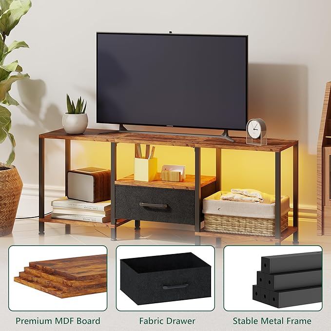 JARHETUN TV Stand with LED Lights, Entertainment Center with Open Shelves and