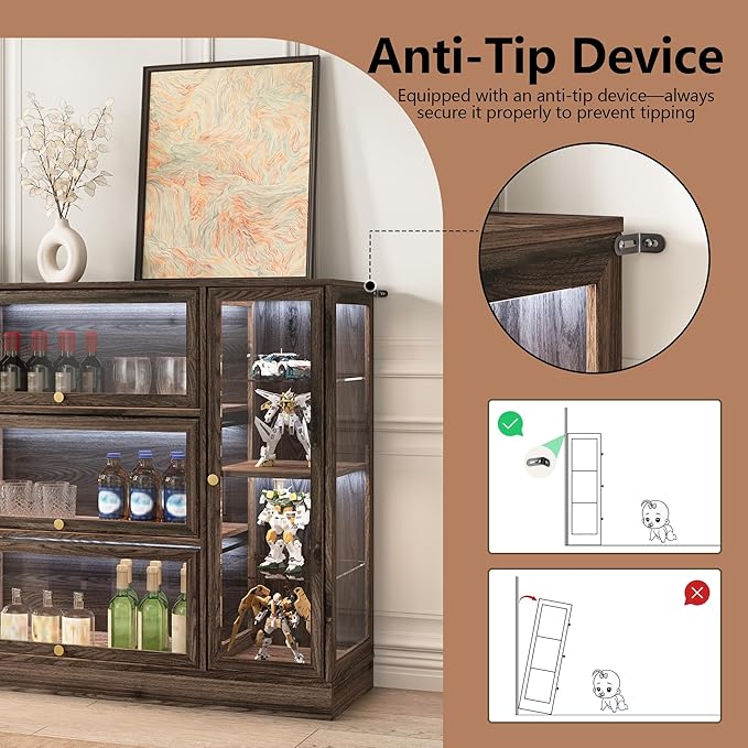 Display Cabinet with Acrylic Glass Doors, Extra Wide Curio Cabinet with LED