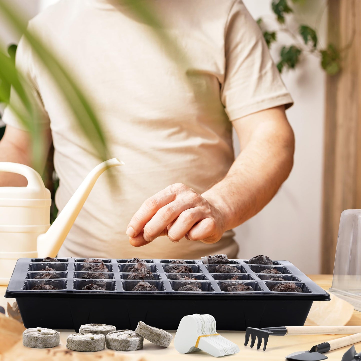 Hahood 4 Sets Seed Starter Tray Kit Germination Starter Tray with Humidity Dome and Base Include 100 Peat Pellets 100 Plant Labels Garden Tools Plastic Plant Growing Trays for Greenhouse Garden, Black