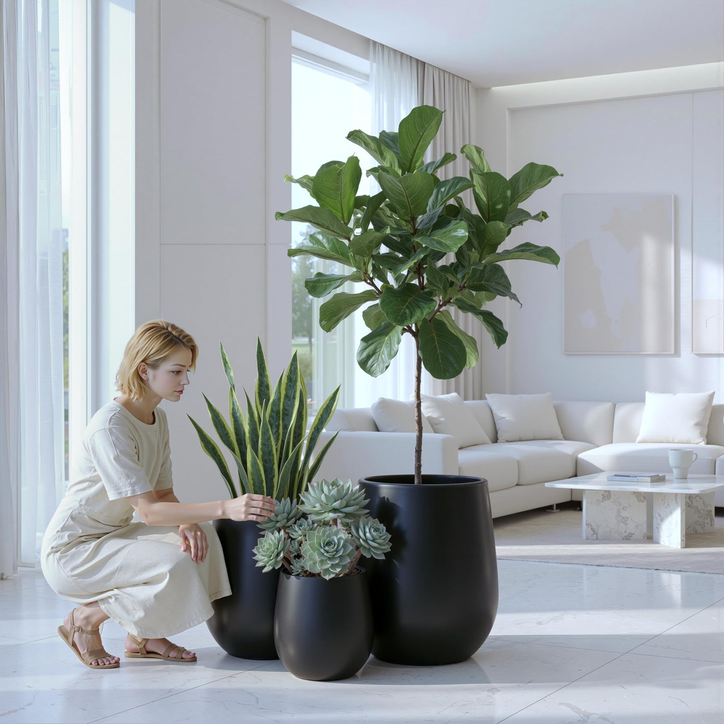 DTY Premium Mt Wilson Tall Tapered Fiberstone Planter for Indoor Outdoor Use, Modern Large Olive Tree Pot with Drainage Hole, Includes 2 Coco Mats. Black, Medium 15'' D x 16.7ā H. 11.2ā Pot Opening