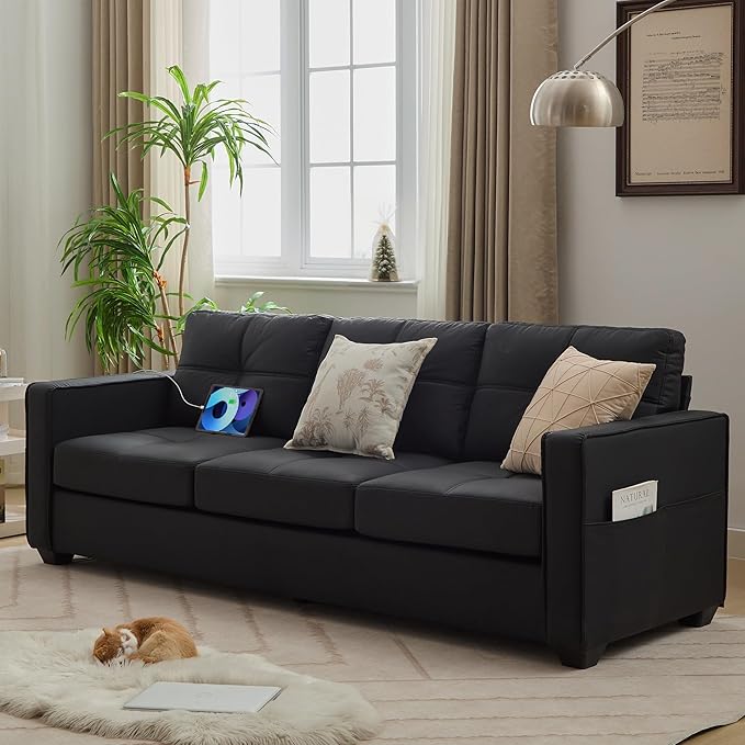 TYBOATLE 88" W Faux Leather Couches w/USB, Tufted Mid-Century Modern Comfy