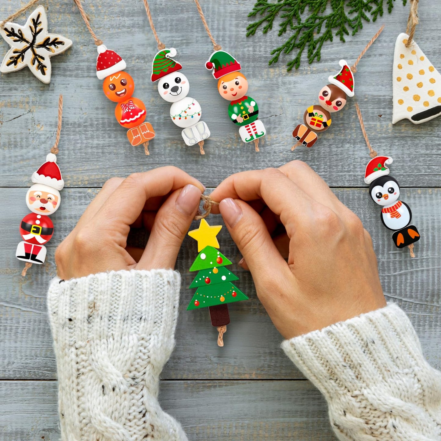 40Sets Christmas Wooden Beads Ornaments Crafts Kits:DIY Xmas Santa, Elf, Gingerbread, Penguin, Reindeer, Snowman, Tree Winter Decorations Stocking Stuffers Goodie Bag Party Supplies