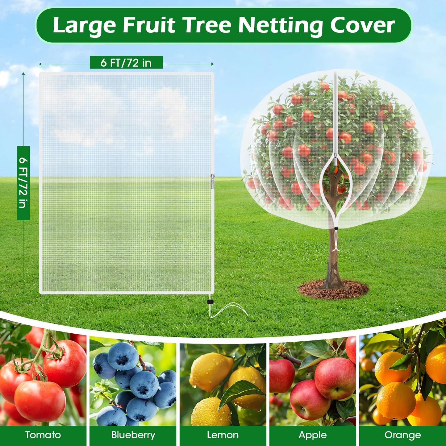 6'x6' Fruit Tree Netting Cover with Zipper and Drawstring, Ultra-Fine Mesh Garden Plant Insect Pest Net Barrier Protection Covers to Prevent Squirrel Bird Deer Cicadas Bag for Blueberry Tomato-1Pcs