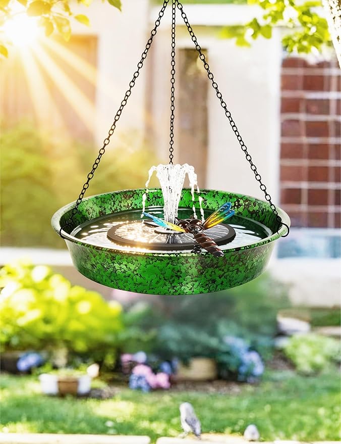 Hanging Bird Bath for Outside, 11.5” Metallic Green & Blue Metal Birdbath Bowl & Feeder with Black Chain Outdoor Garden Yard Decor