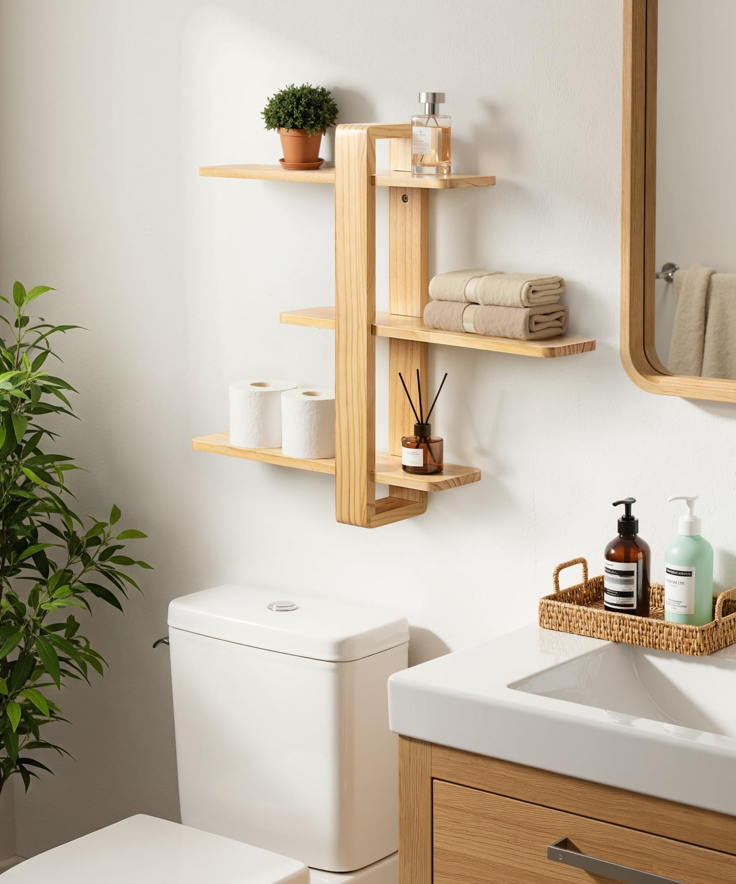 SUMGAR Floating Shelves for Wall Wood Mounted Shelving Unit All Pine Natural Wooden 3 Tier Large Shelf for Bedroom Living Room Office Bathroom Home Decoration Storage Plant Photo Display Modern 20in