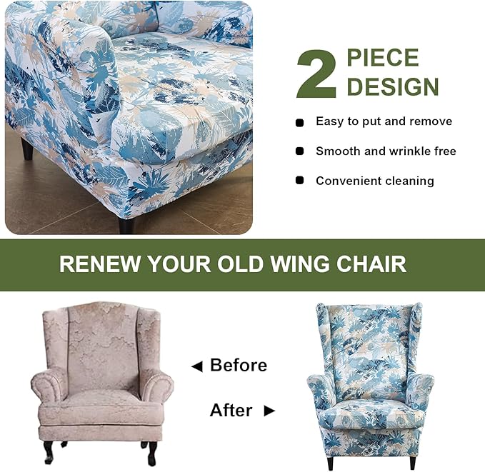 HAOYONG Wing Chair Slipcovers Printed Wingback Chair Covers 2 Pieces Wingback