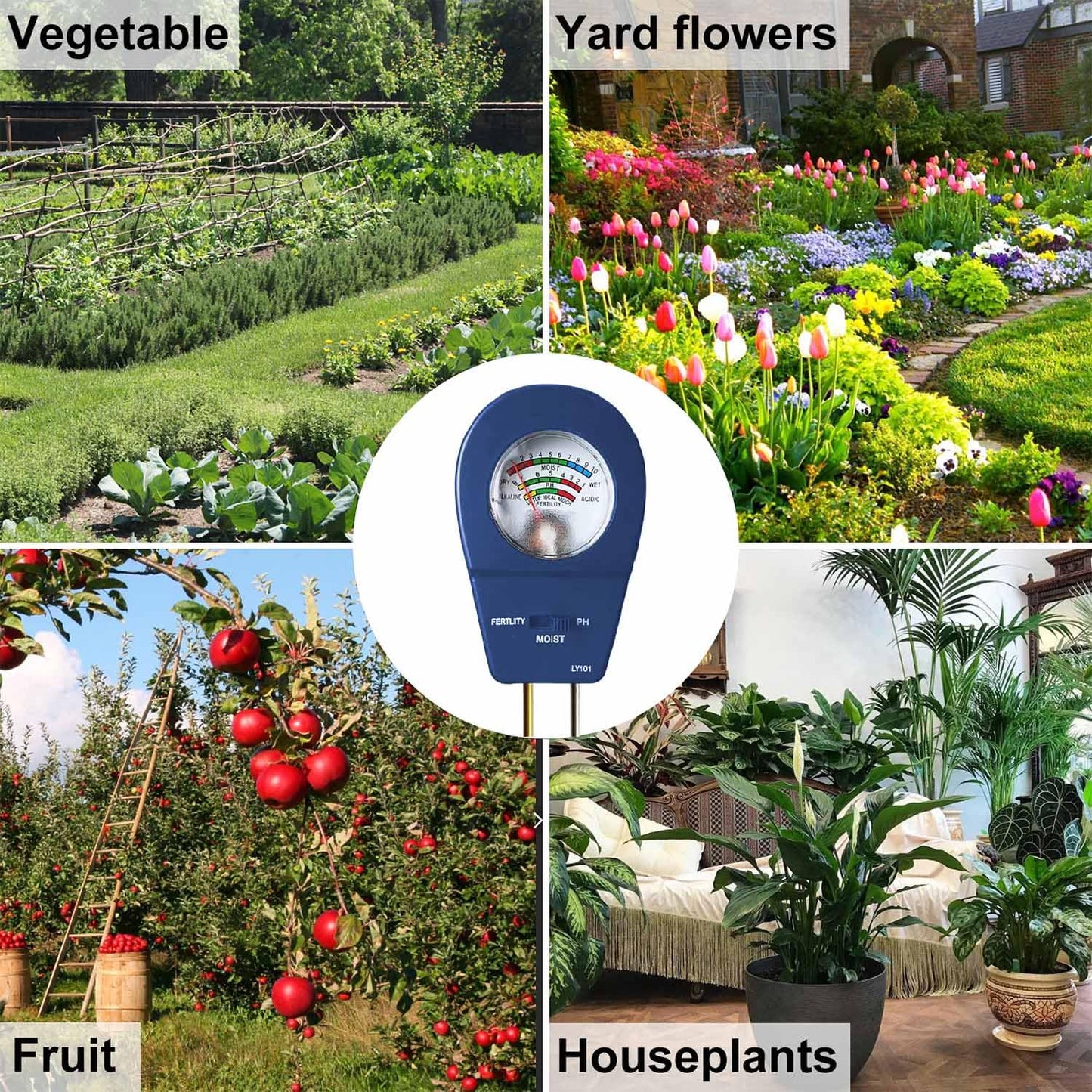 3-in-1 Soil Moisture Meter pH & Fertility Tester, No Battery Needed Plant Soil Test Kit for Houseplants, Garden, Lawn & Farm, Plug-and-Read Soil Acidity Meter for Indoor Outdoor Potted Plants (Blue)